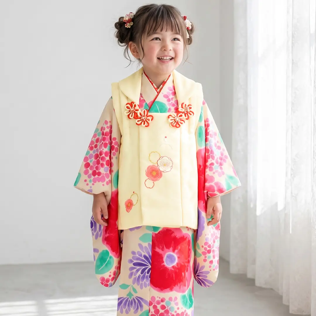 クリーム地に紫陽花と洋花の着物、アイボリーの被布コートセット／七五三・三歳女の子／着用イメージ