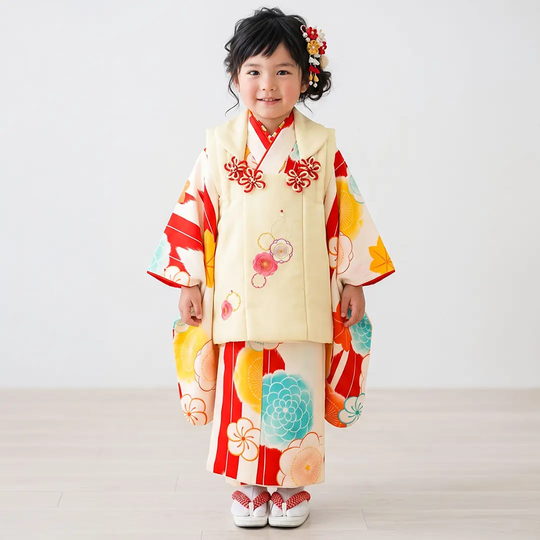 白地に赤の矢絣と梅の着物、アイボリーの被布コートセット／七五三・三歳女の子／着用イメージ