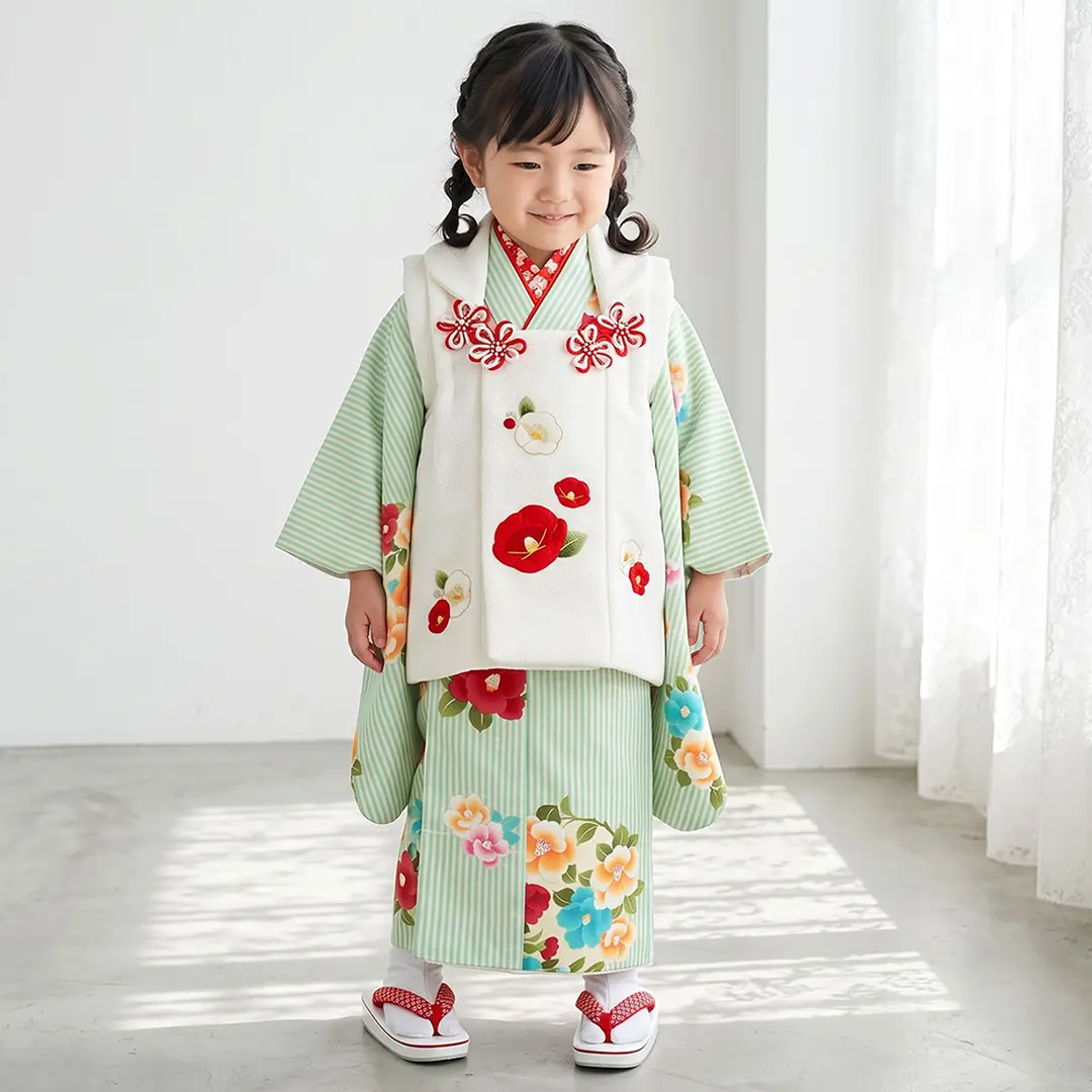 薄緑の縦縞地に椿の着物、白の被布コートセット／七五三・三歳女の子／着用イメージ