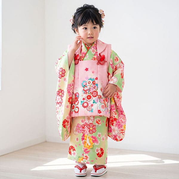 薄黄緑とクリーム色に牡丹と桜、ピンクの被布コートセット／七五三・三