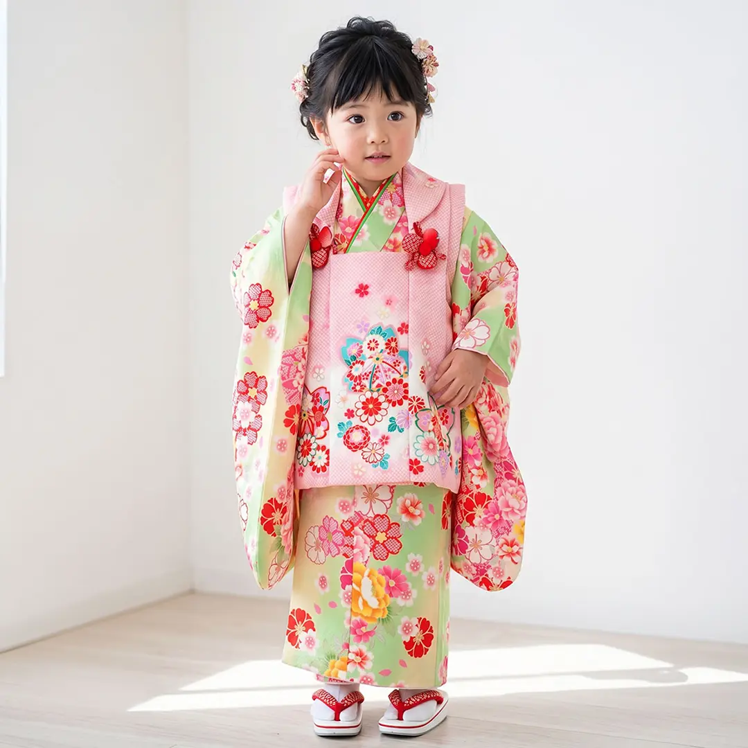薄黄緑とクリーム色に牡丹と桜、ピンクの被布コートセット／七五三・三歳女の子