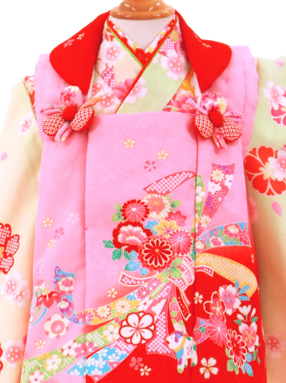 薄黄緑とクリーム色に牡丹と桜、赤とピンクの被布コートセット／七五三・三歳女の子／被布詳細
