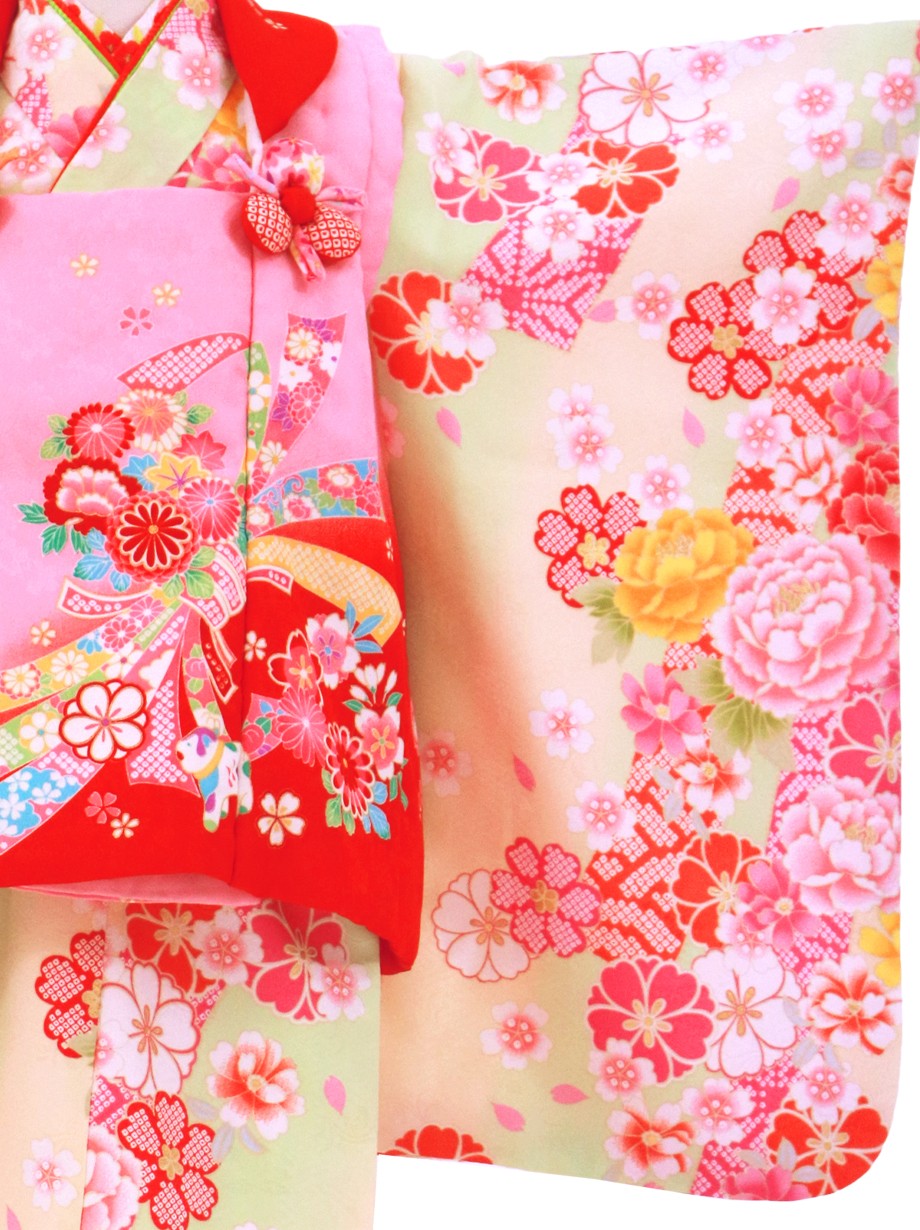 薄黄緑とクリーム色に牡丹と桜、赤とピンクの被布コートセット／七五三・三歳女の子／袖