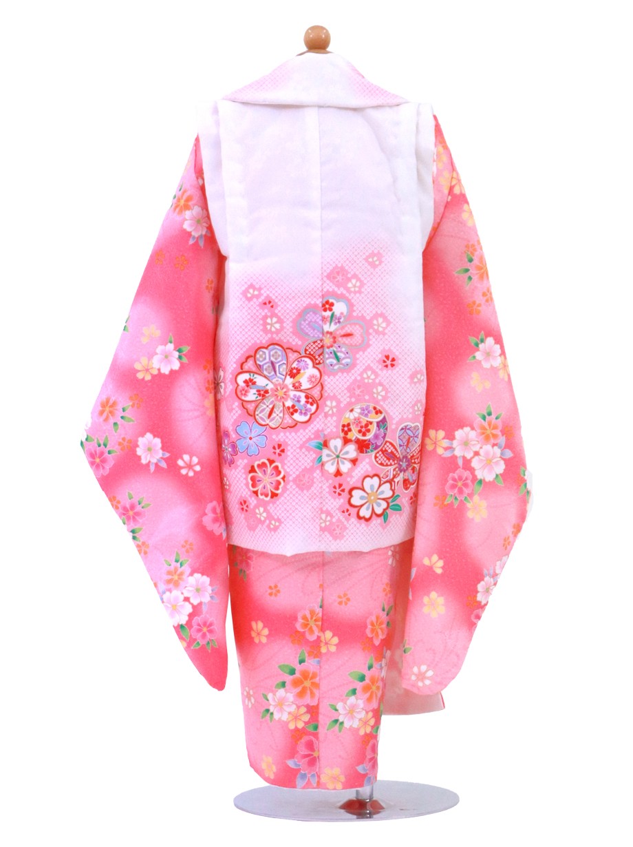 ピンク地に桜と鞠、ピンクの疋田の被布コートセット／七五三・三歳女の子