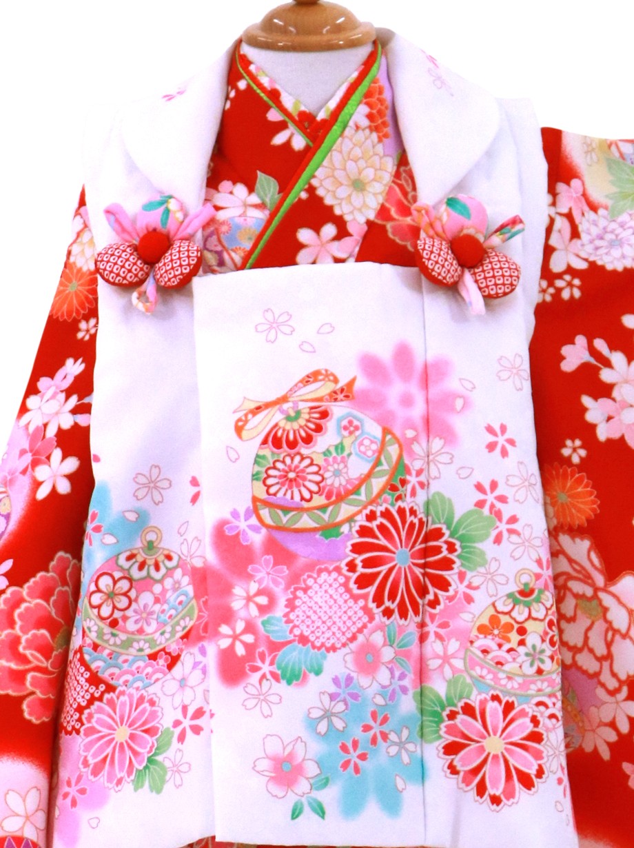 赤地に牡丹菊、白の被布コートセット／七五三・三歳女の子