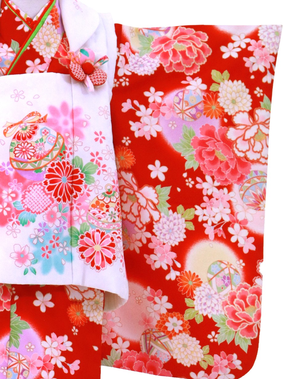 赤地に牡丹菊、白の被布コートセット／七五三・三歳女の子