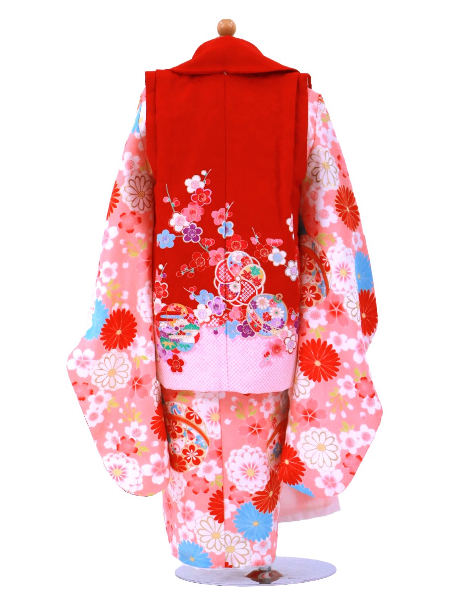 薄桃地に鞠と花尽くし、赤の被布コートセット／七五三・三歳女の子／背面