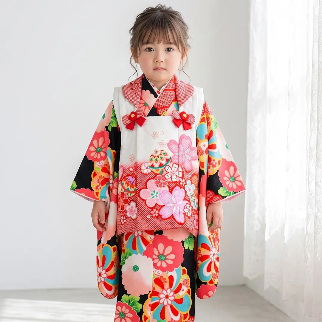 黒地に菊尽くし、赤と白の被布コートセット／七五三・三歳女の子／着用イメージ