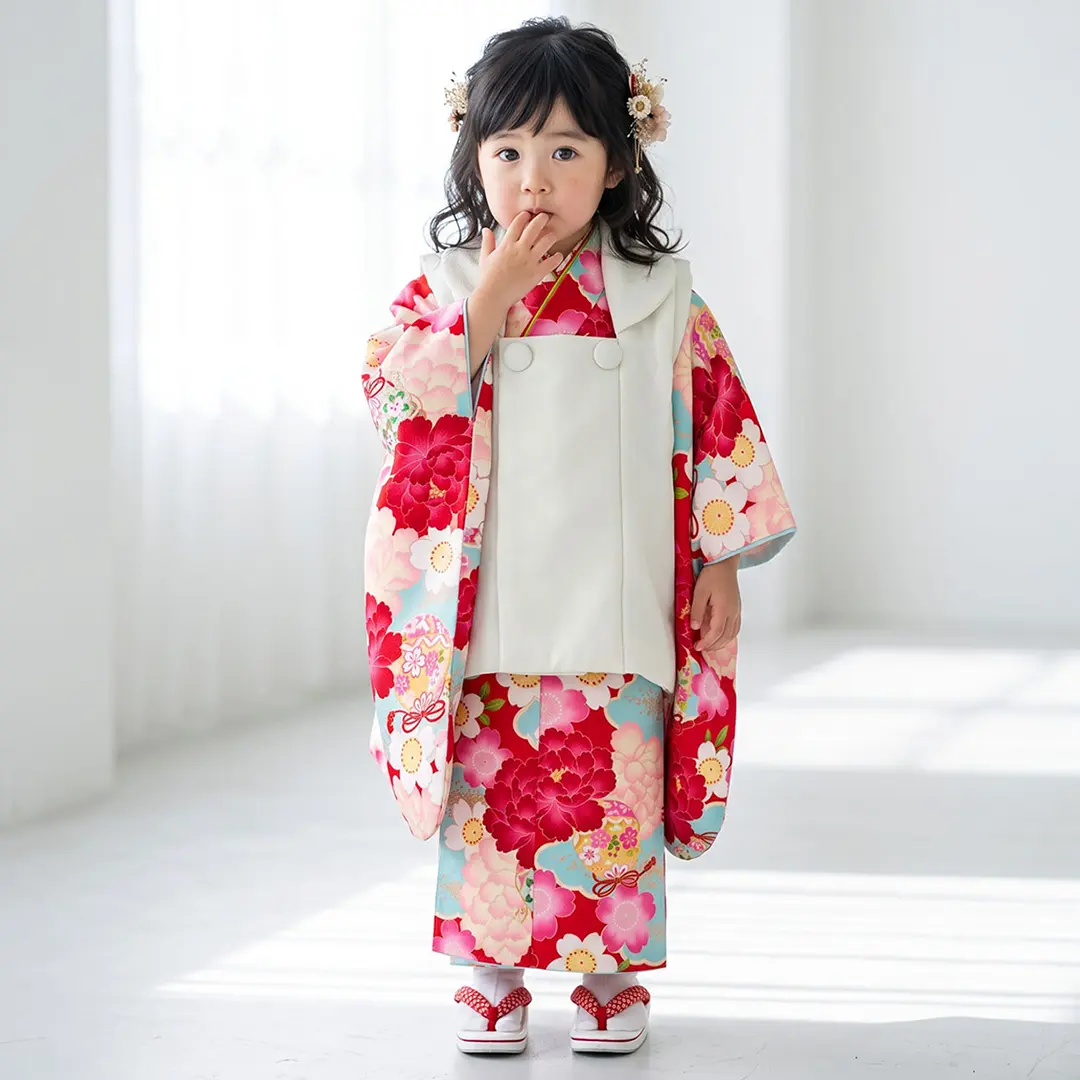 赤地に大輪の牡丹と雲取り、アイボリーの被布コートセット／七五三・三歳女の子／着用イメージ