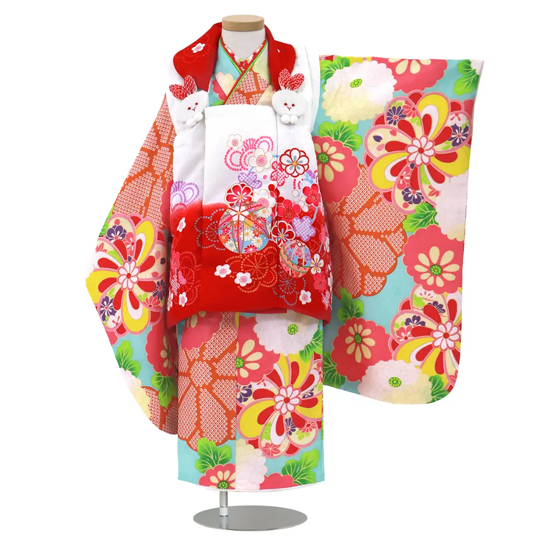 水色地に菊尽くし、赤と白の被布コートセット／七五三・三歳女の子／正面