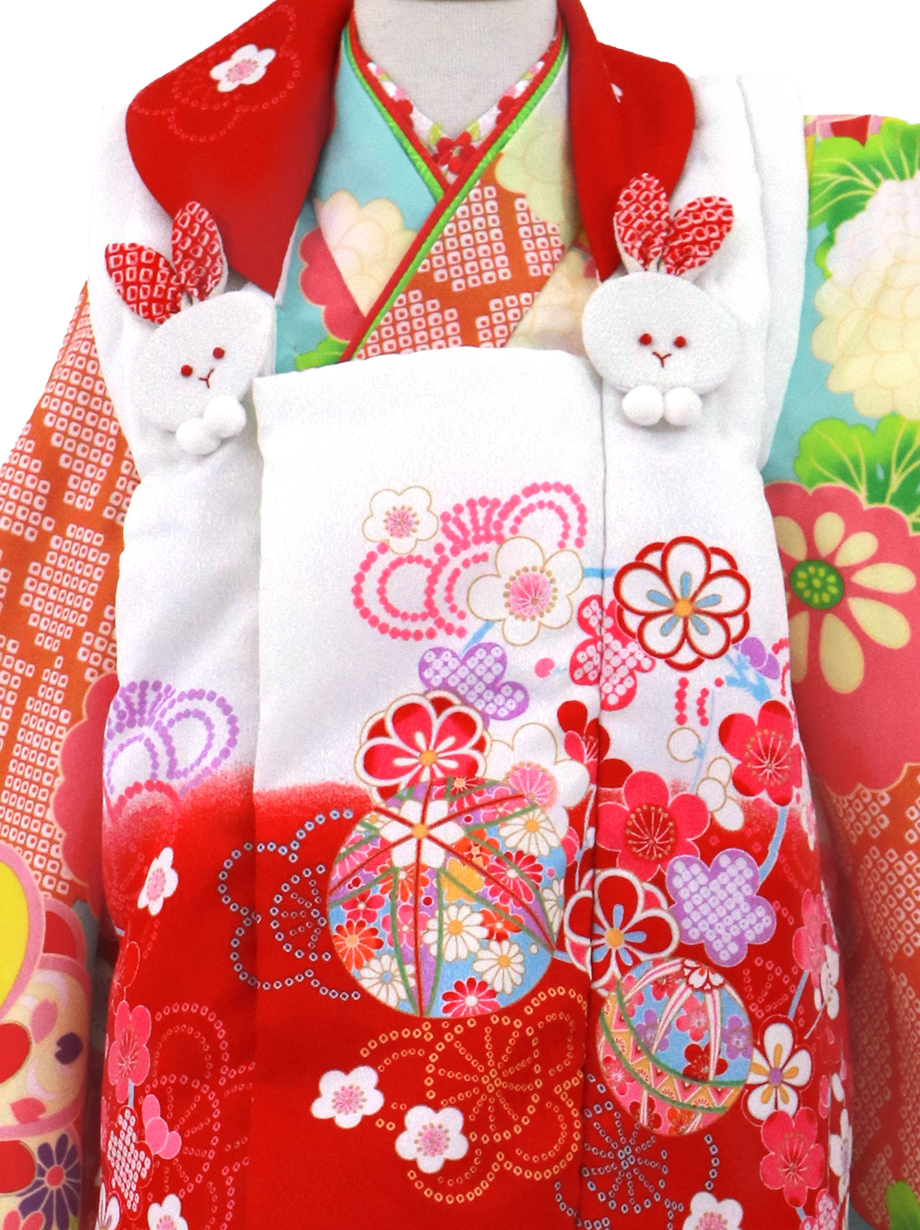 水色地に菊尽くし、赤と白の被布コートセット／七五三・三歳女の子