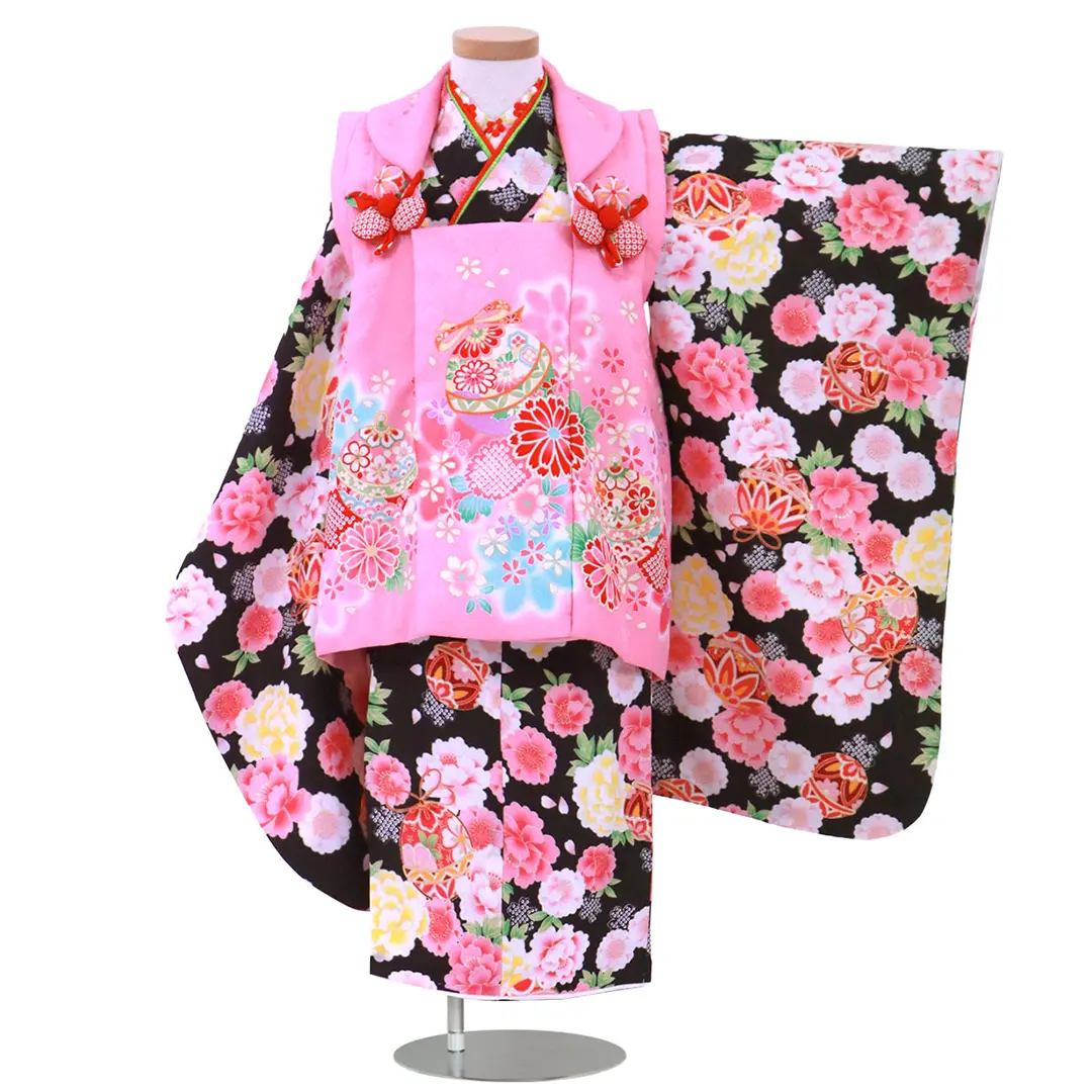 お着物新品♡七五三　7歳　女の子　セット　一式　正絹　ピンク系　黒　鹿の子 予約販売】2024年新作 KAGURA ブランド 七五三 7歳 女の子 着物セット