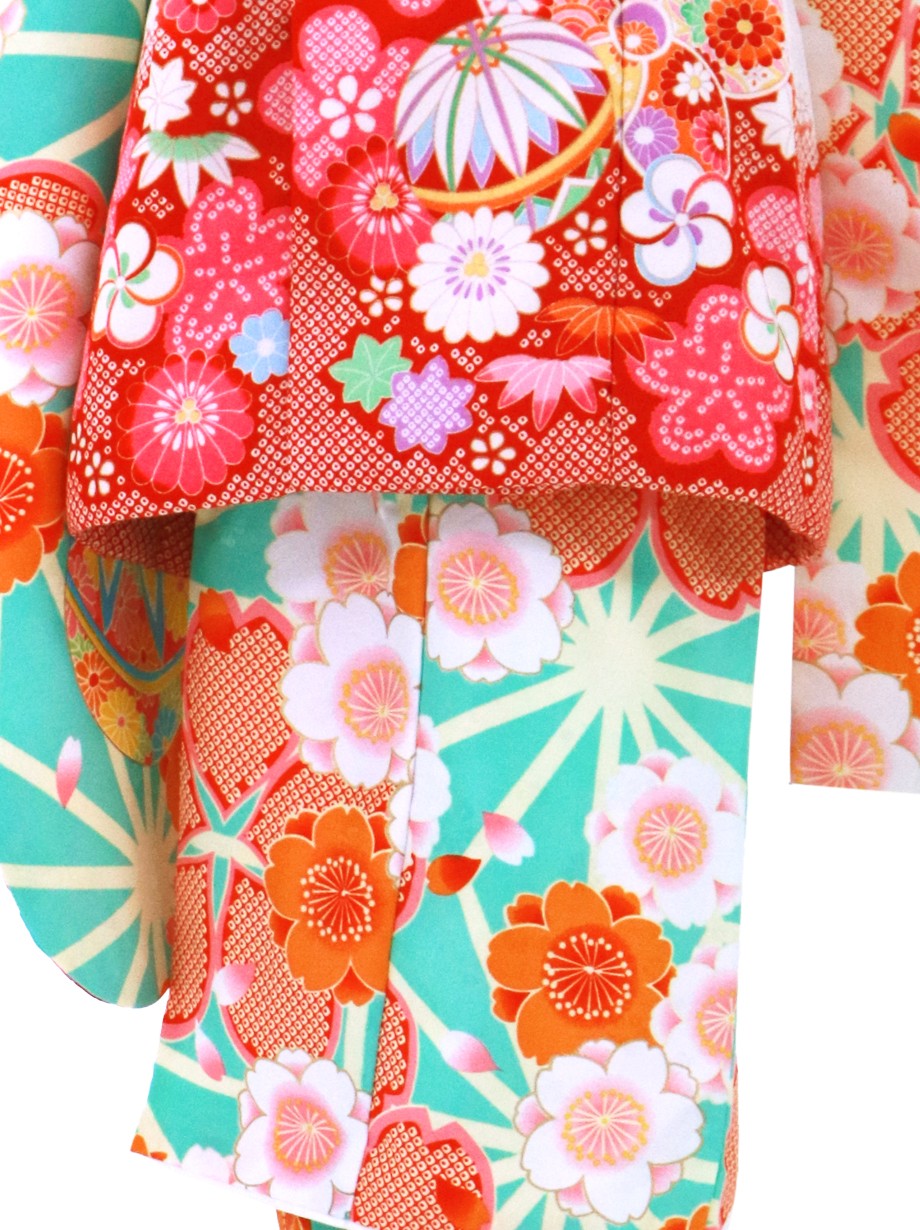 ミントグリーンの麻の葉に桜づくし 白と赤の被布コートセット 七五三 三歳女の子