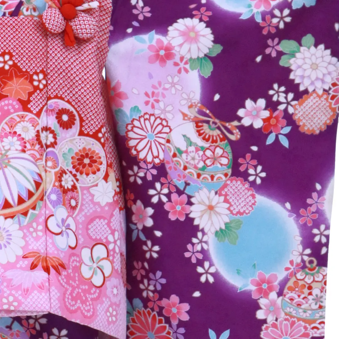 三歳★紫色花柄★被布＆着物 紫地に花柄と鈴の被布コートセット／七五三・三歳女の子