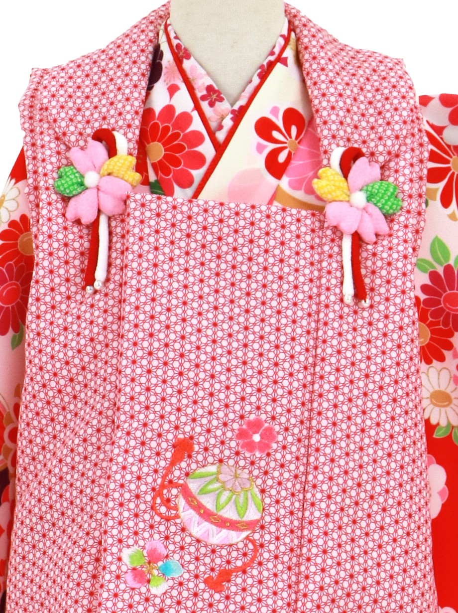 赤とピンクの花紋と風車の着物、赤の被布コートセット／七五三・三歳女の子