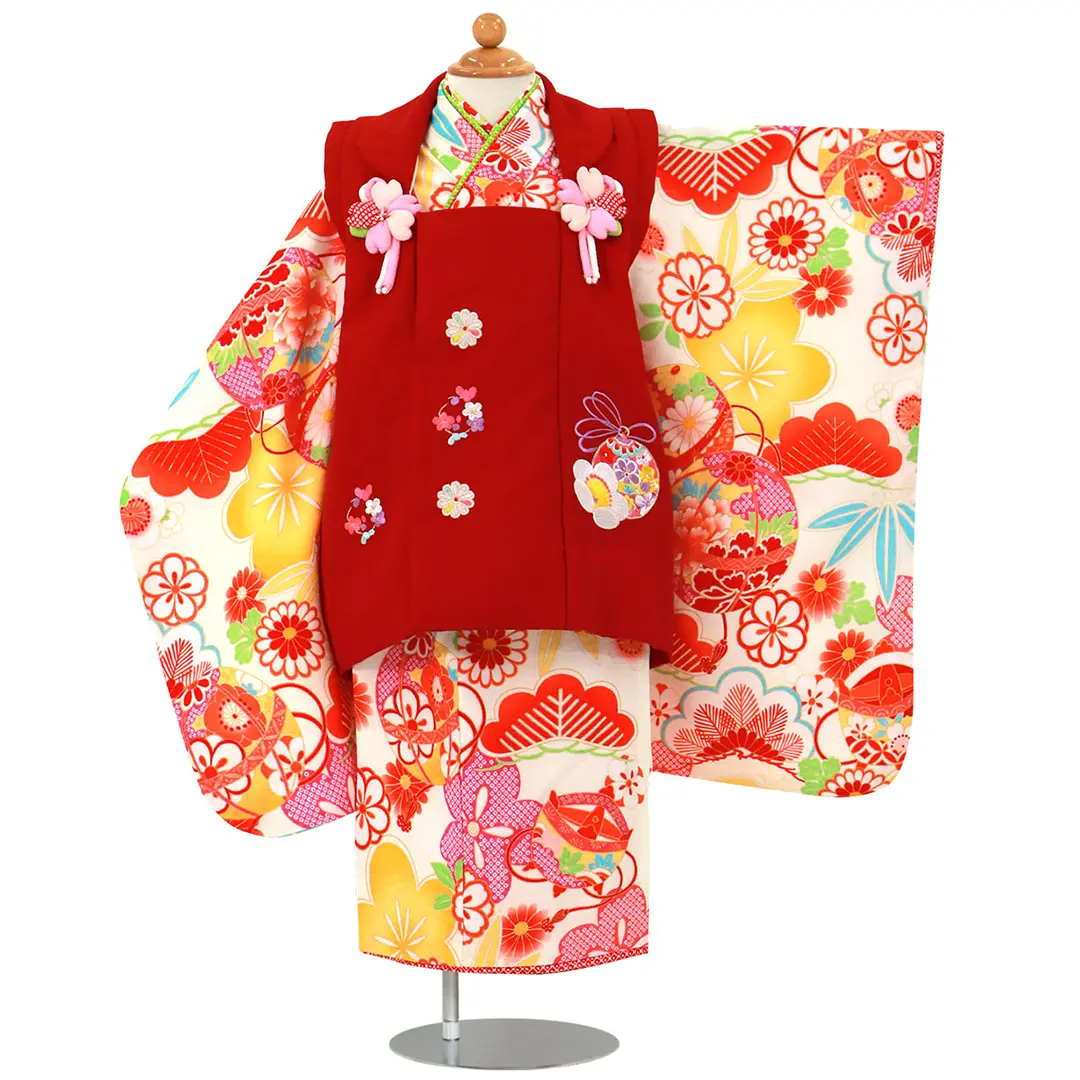白地に花糸車、赤の被布コートセット／七五三・三歳女の子