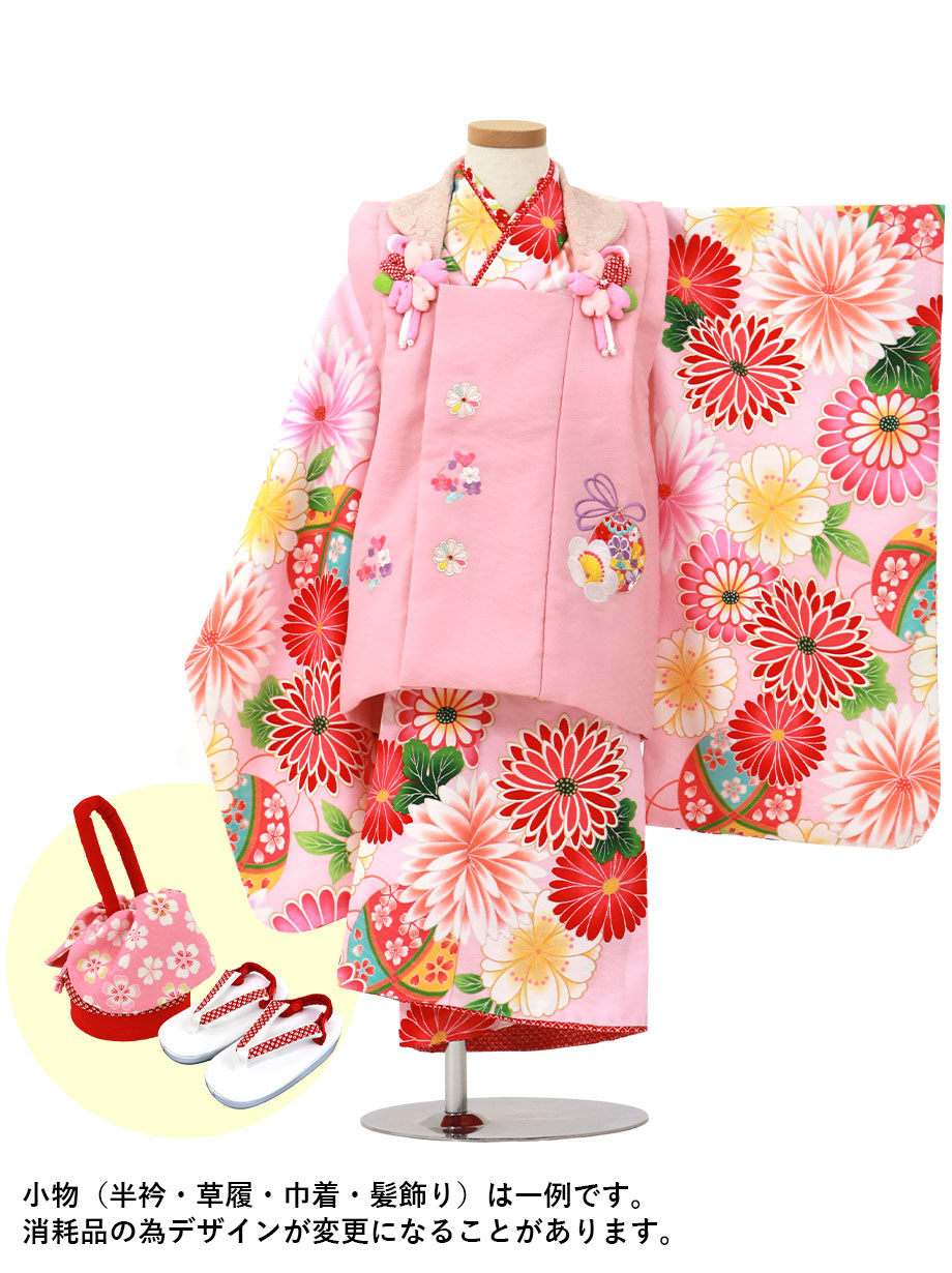 薄ピンク地に和菊、ピンクの被布コートセット／七五三・三歳女の子