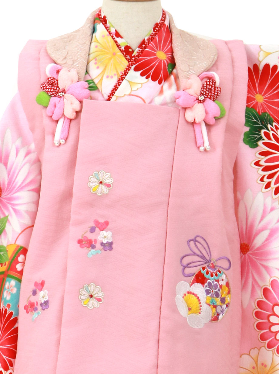 薄ピンク地に和菊、ピンクの被布コートセット／七五三・三歳