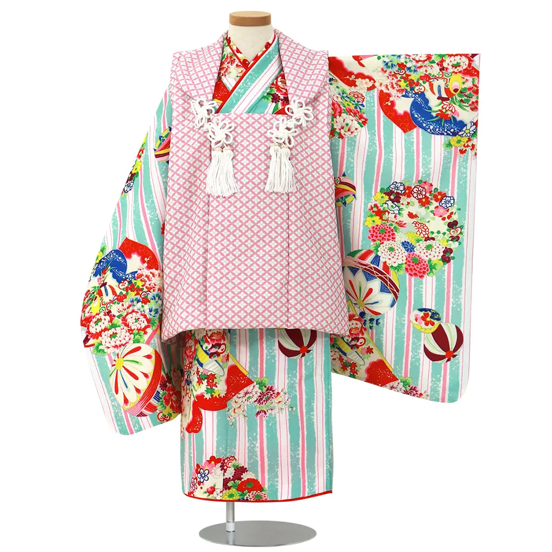 ストライプに鞠、ピンクの被布コートセット／七五三・三歳女の子