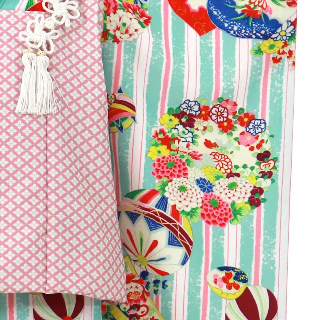 ストライプに鞠、ピンクの被布コートセット／七五三・三歳女の子