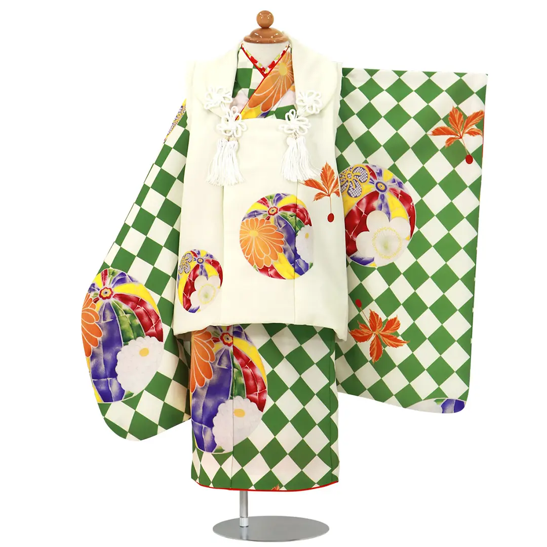 グリーンのダイヤに毬、白の被布コートセット／七五三・三歳女の子