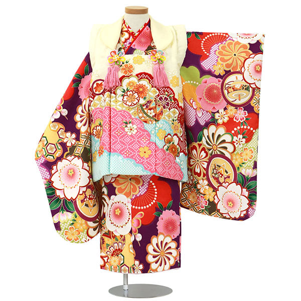 紫地に桜と糸車、クリームの被布コートセット／七五三・三歳女の子