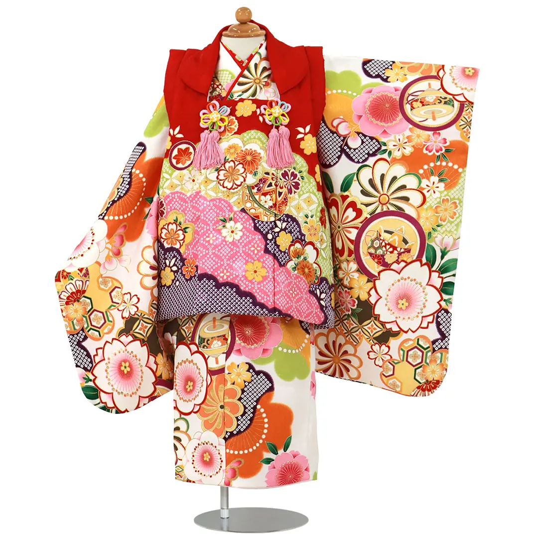 七五三　3歳　女の子　正絹　フルセット　被布コート　着物　花柄　桜　赤　箱あり 七五三 3歳 女の子 正絹 フルセット 被布コート 着物 花柄 桜 赤