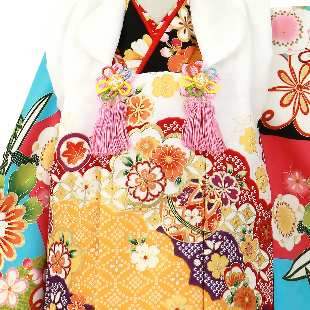 水色やピンクの市松に折り鶴、白の被布コートセット／七五三・三歳女の子／被布詳細