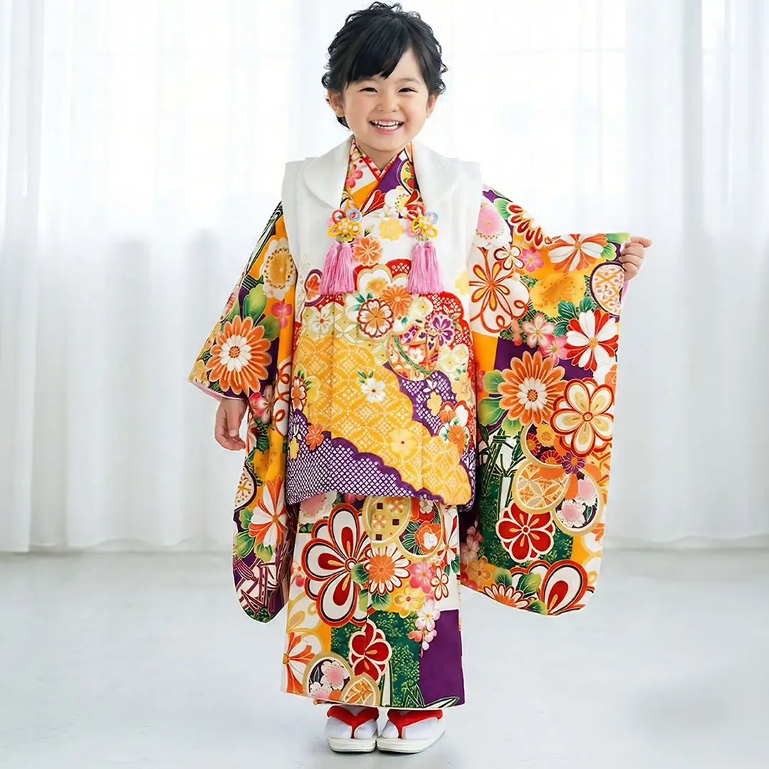 七五三　７歳　着物フルセット 女の子／山吹色／友禅／着付け小物付き 七五三 7歳 着物フルセット 女の子／山吹色／友禅／着付け小物付き 紫