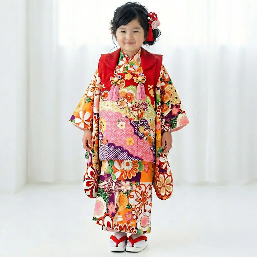 紫や山吹色の市松に折り鶴、赤の被布コートセット／七五三・三歳女の子
