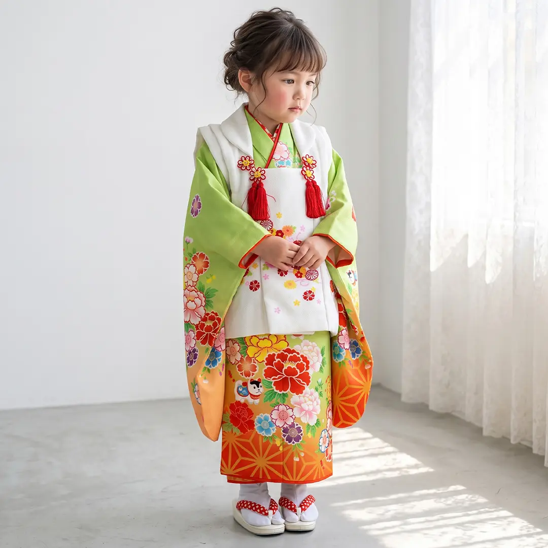 黄緑地に麻の葉と犬張り子、白の被布コートセット／七五三・三歳女の子／着用イメージ