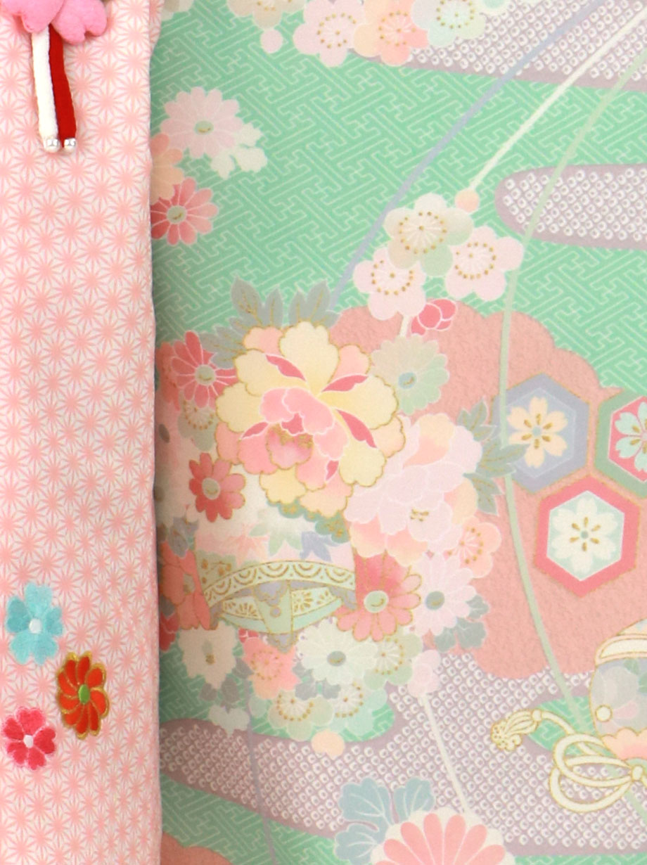 美品　七五三　三歳　女の子　被布　着物　ミント　エメラルドグリーン　可愛い♡ 美品 七五三 三歳 女の子 被布 着物 ミント エメラルドグリーン