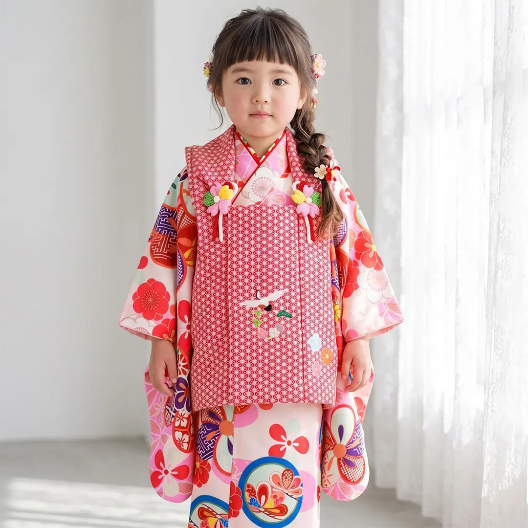 白地にピンクと丸紋、赤の被布コートセット／七五三・三歳女の子／着用イメージ