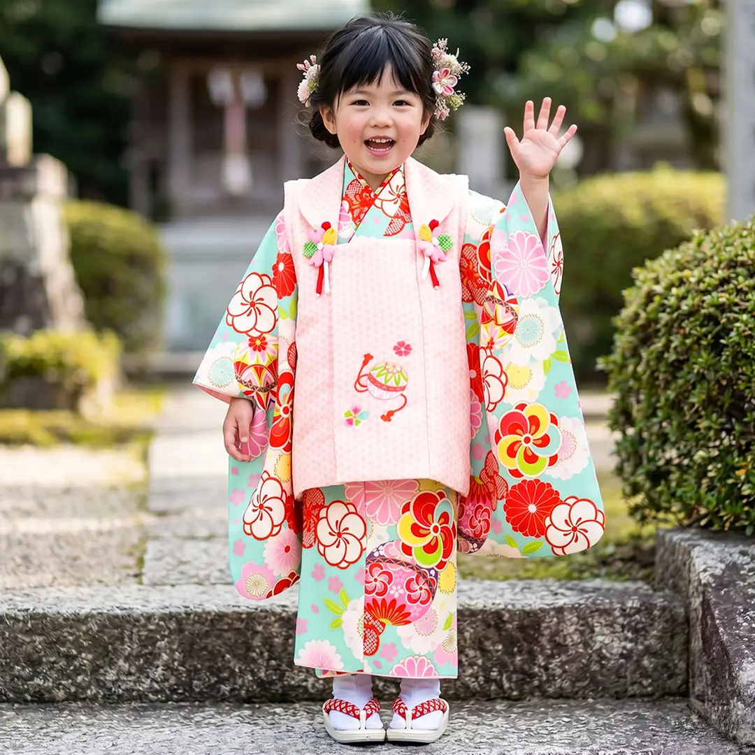 水色地にまりと梅、ピンクの被布コートセット／七五三・三歳女の子／着用イメージ