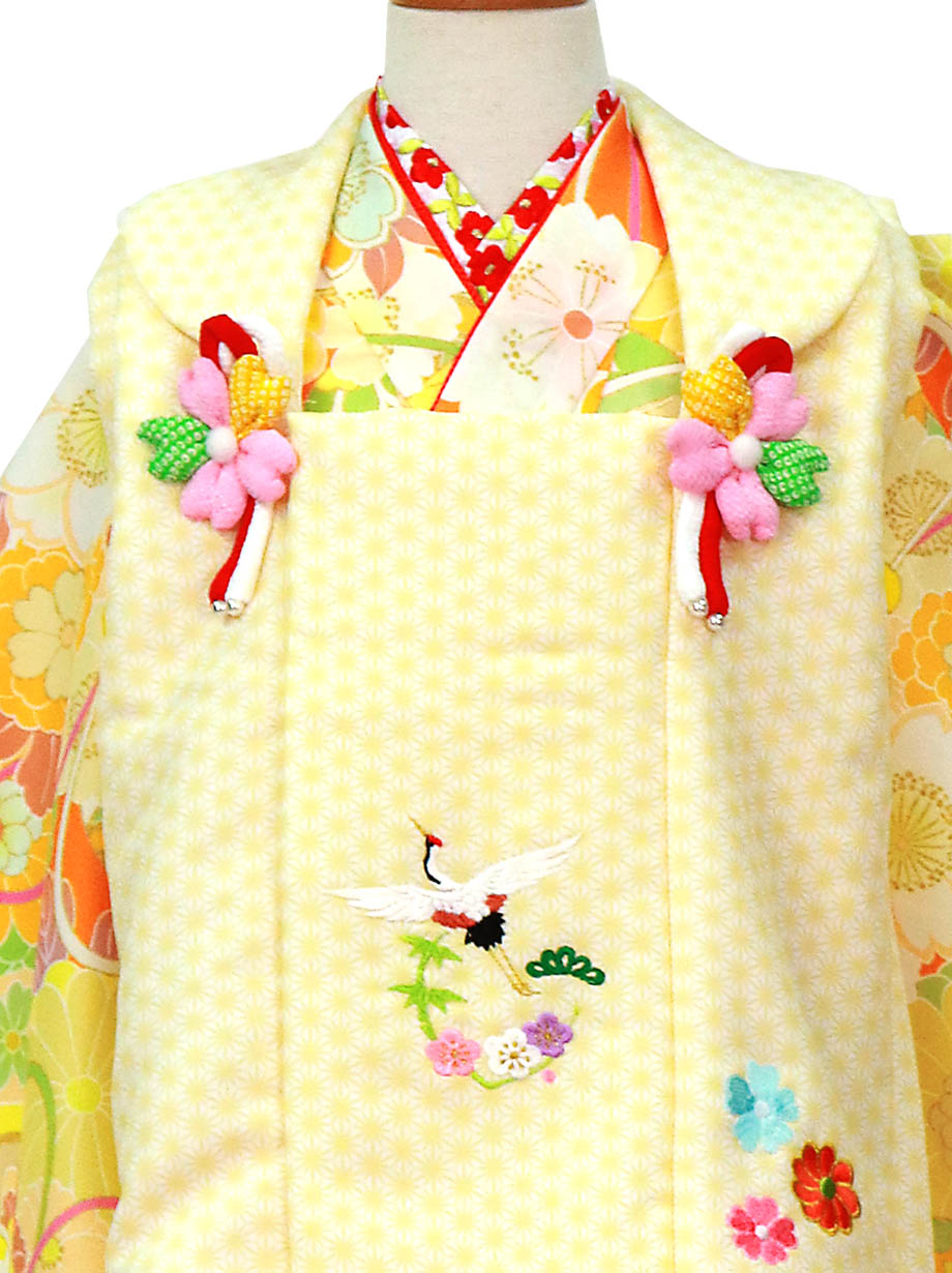 オレンジにまりと桜、黄色の麻の葉の被布コートセット／七五三