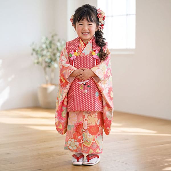 サーモンピンクにまりと桜、赤の麻の葉の被布コートセット／七五三・三