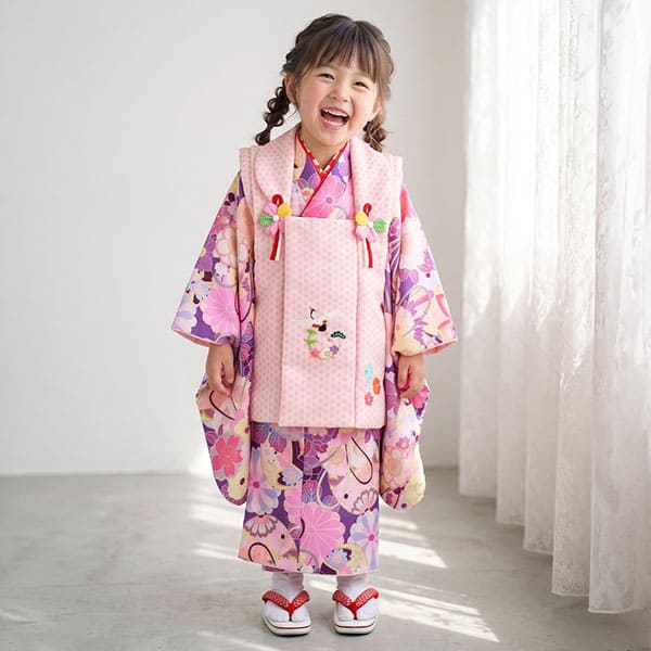 紫地にまりと桜、ピンクの麻の葉の被布コートセット／七五三・三歳