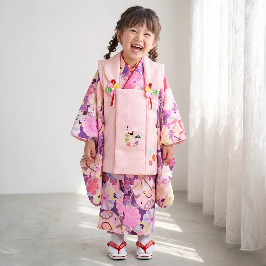 紫地にまりと桜、ピンクの麻の葉の被布コートセット／七五三・三歳