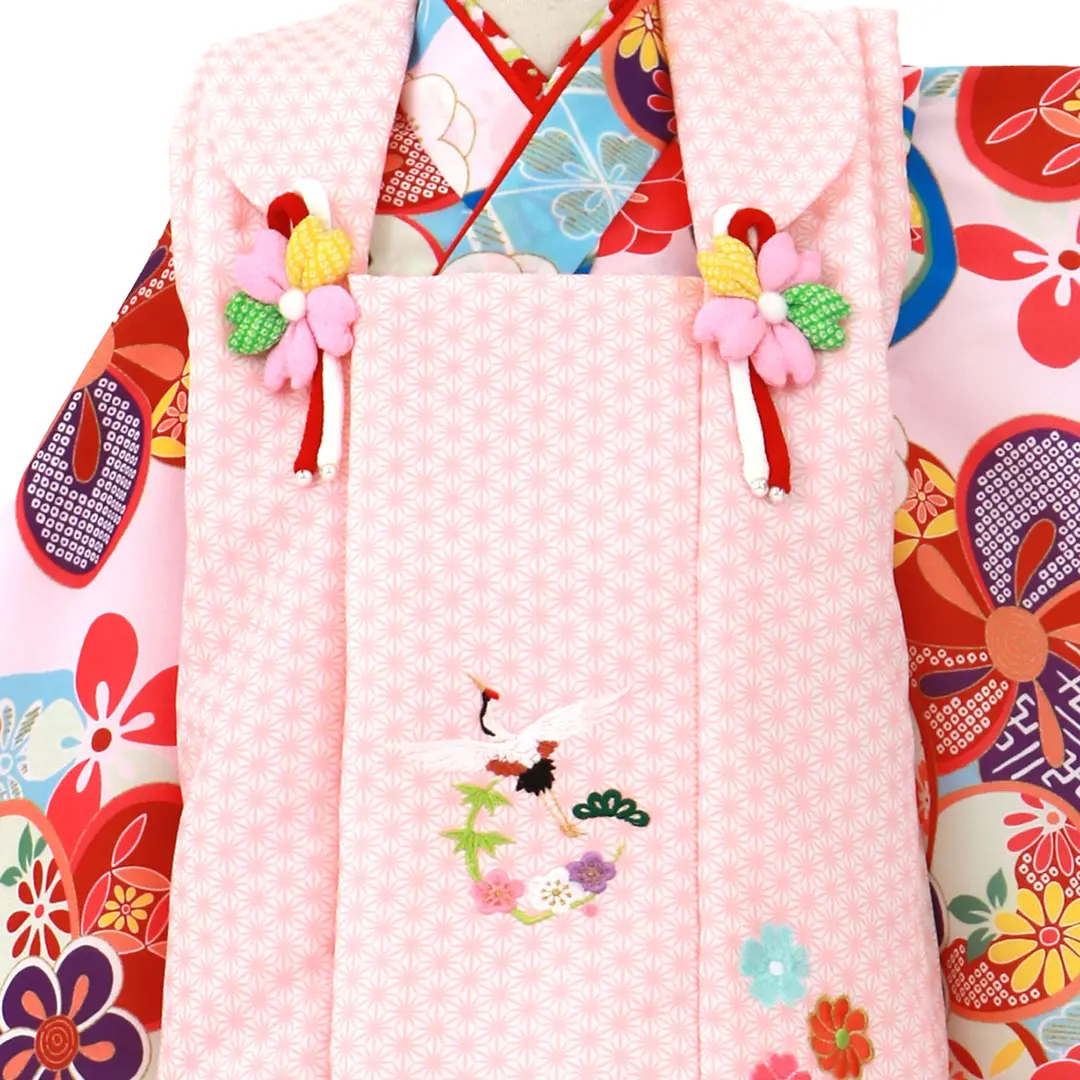 桜色地に水色と丸紋、ピンクの麻の葉の被布コートセット／七五三・三歳女の子／被布詳細