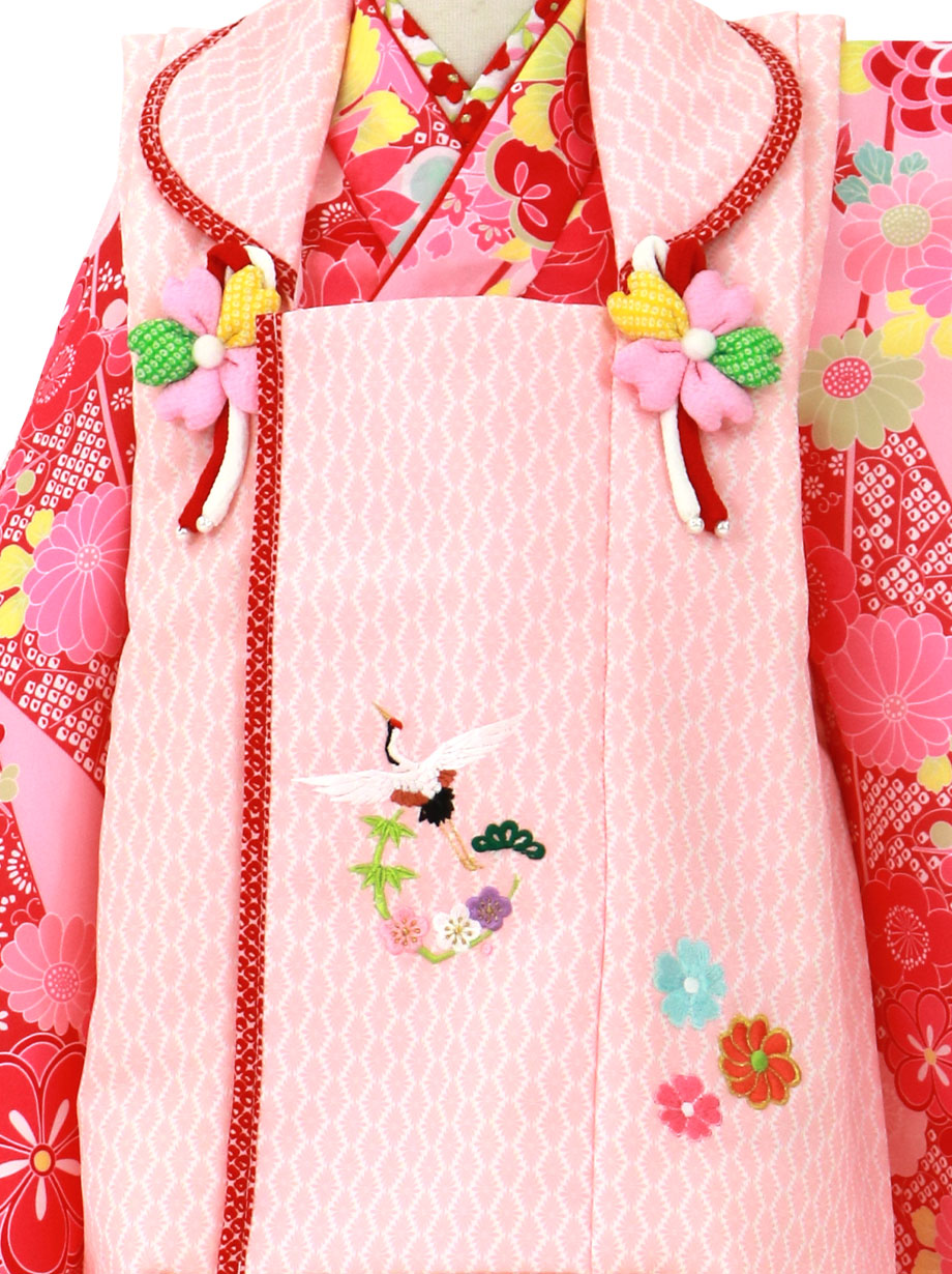 ピンクの矢絣にダリア、ピンクと赤の被布コートセット／七五三・三歳女の子
