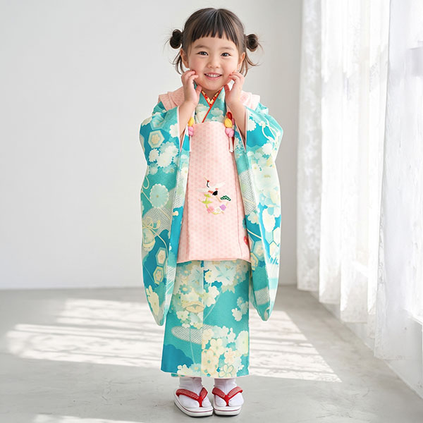 青磁色に疋田のエ霞、ピンクの被布コートセット／七五三・三歳女の子