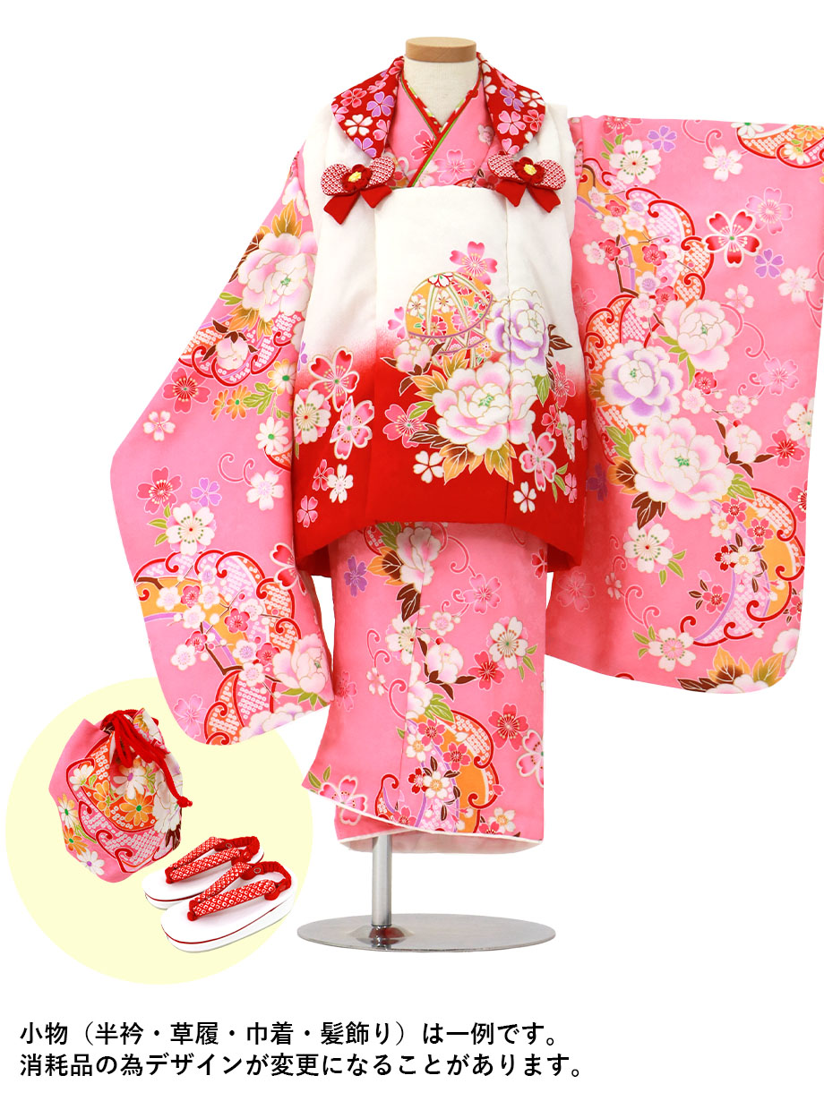 ピンク地に牡丹と桜、白の被布コートセット／七五三・三歳女の子