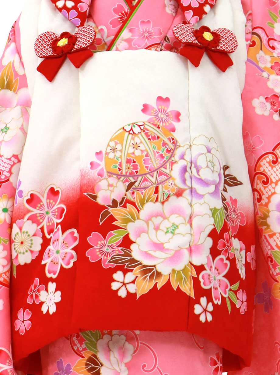 ピンク地に牡丹と桜、白の被布コートセット／七五三・三歳女の子