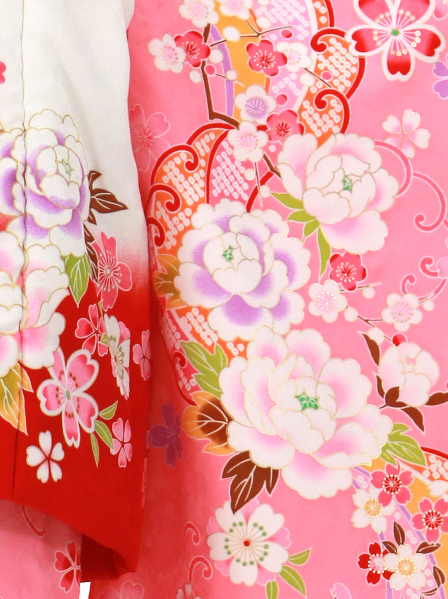 ピンク地に牡丹と桜、白の被布コートセット／七五三・三歳女の子