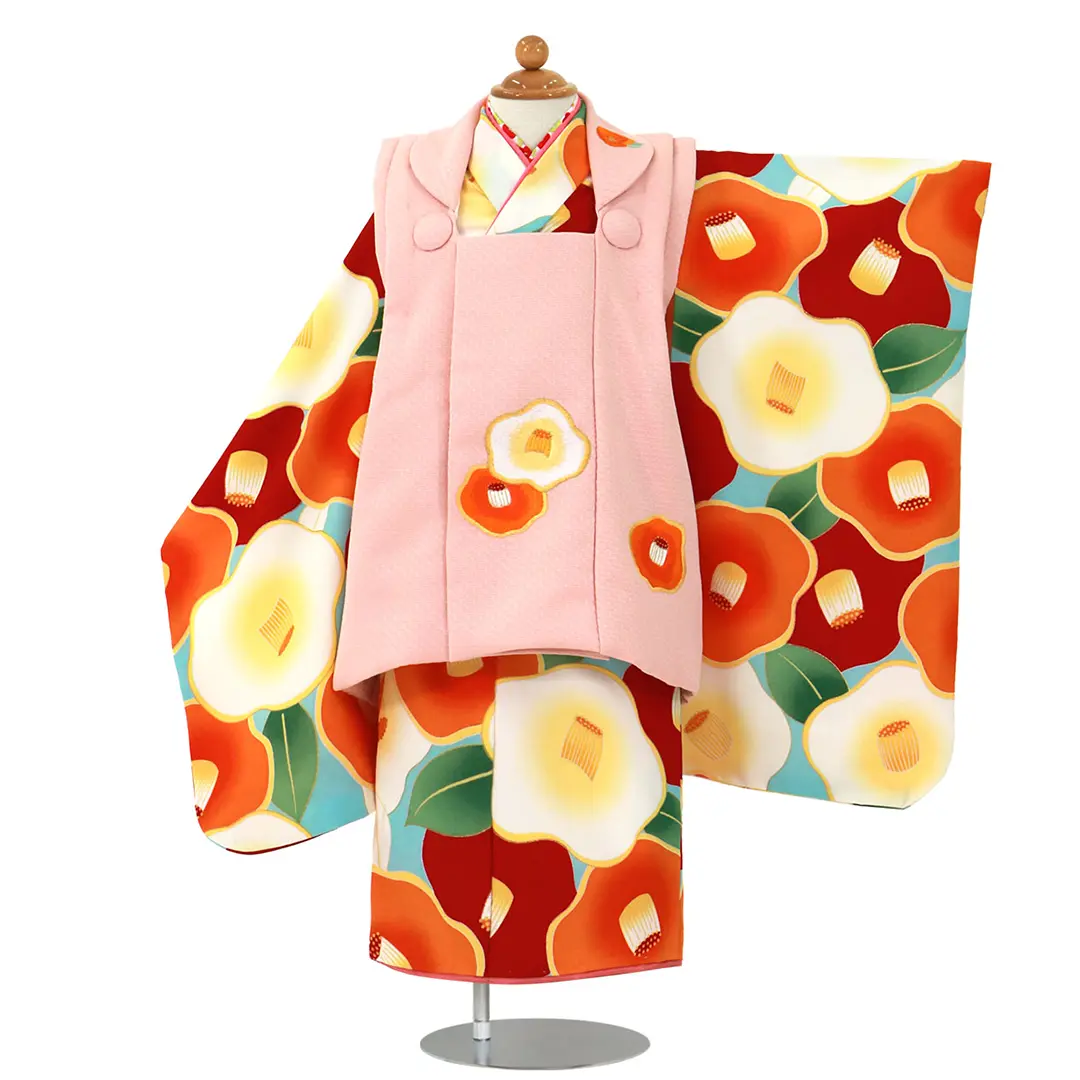 水色地に赤やオレンジの椿、ピンクの被布コートセット／七五三・三歳