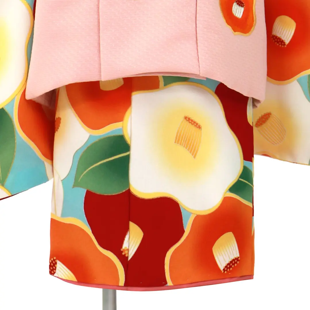 フルセット七五三７歳女の子　オレンジ地　傘椿　黒地袋帯　袖なし長襦袢7125 フルセット七五三7歳女の子 オレンジ地 傘椿 黒地袋帯 袖なし長襦袢