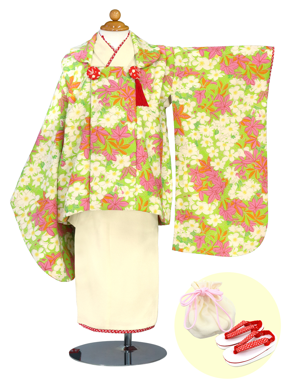 はいばら》クリームの着物、黄緑に桜や紅葉の被布コートセット／七五三