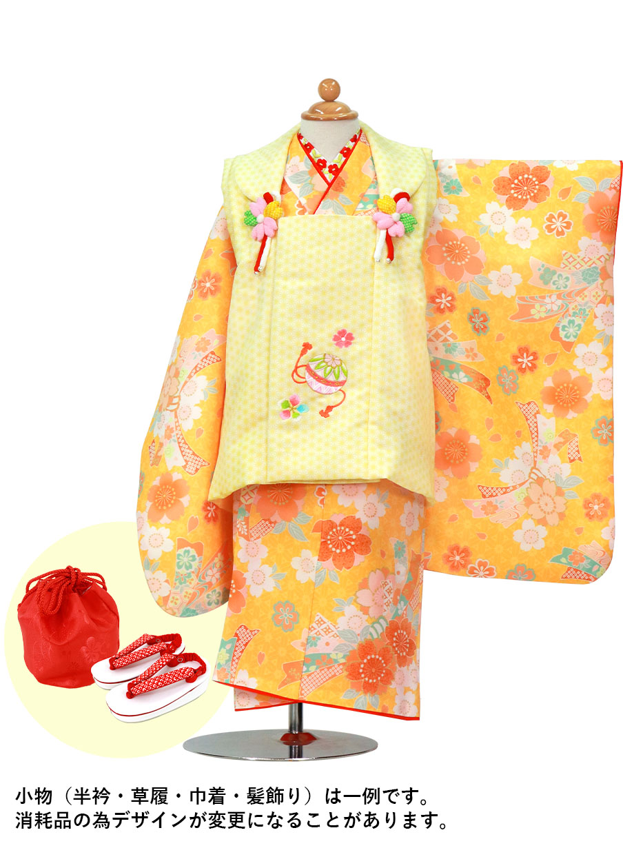 黄色の桜と束ね熨斗の着物、黄色の麻の葉被布コートセット／七五三・三 ...