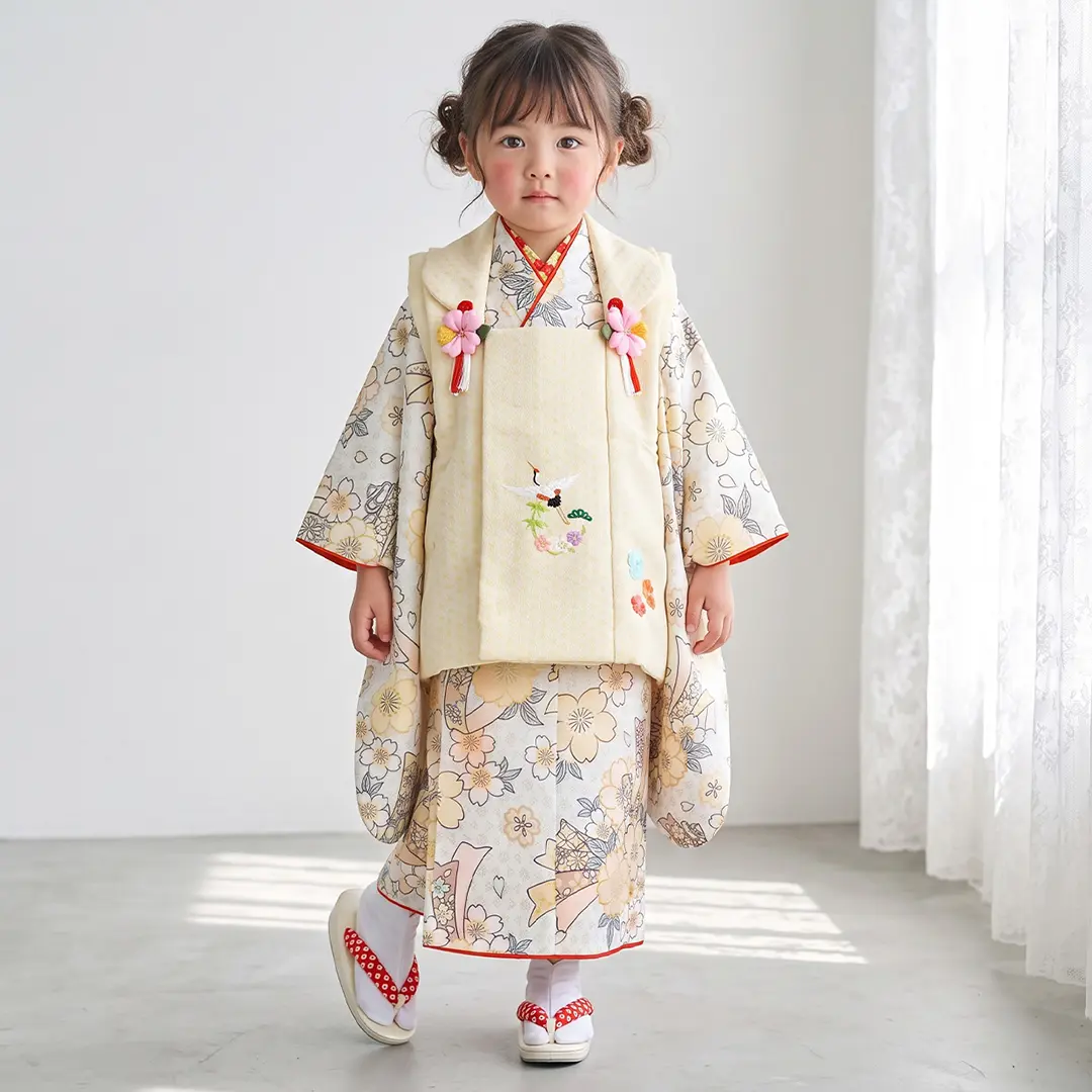 白地にアイボリーの桜と束ね熨斗の着物、黄色の麻の葉被布コートセット／七五三・三歳女の子／着用イメージ