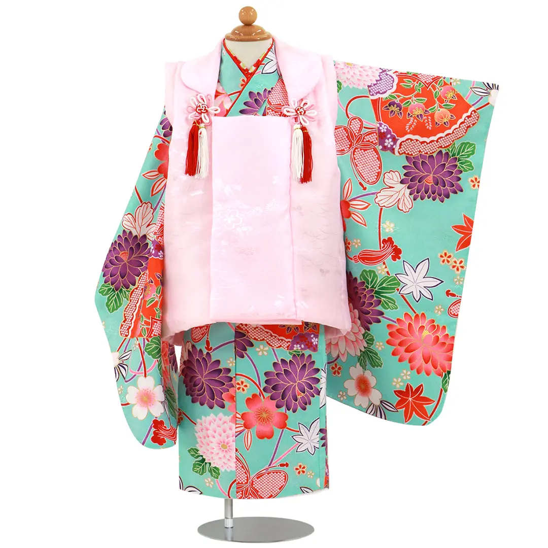 ピンクの鹿の子に桜尽くしの着物、桃色の被布コートセット／七五三・三